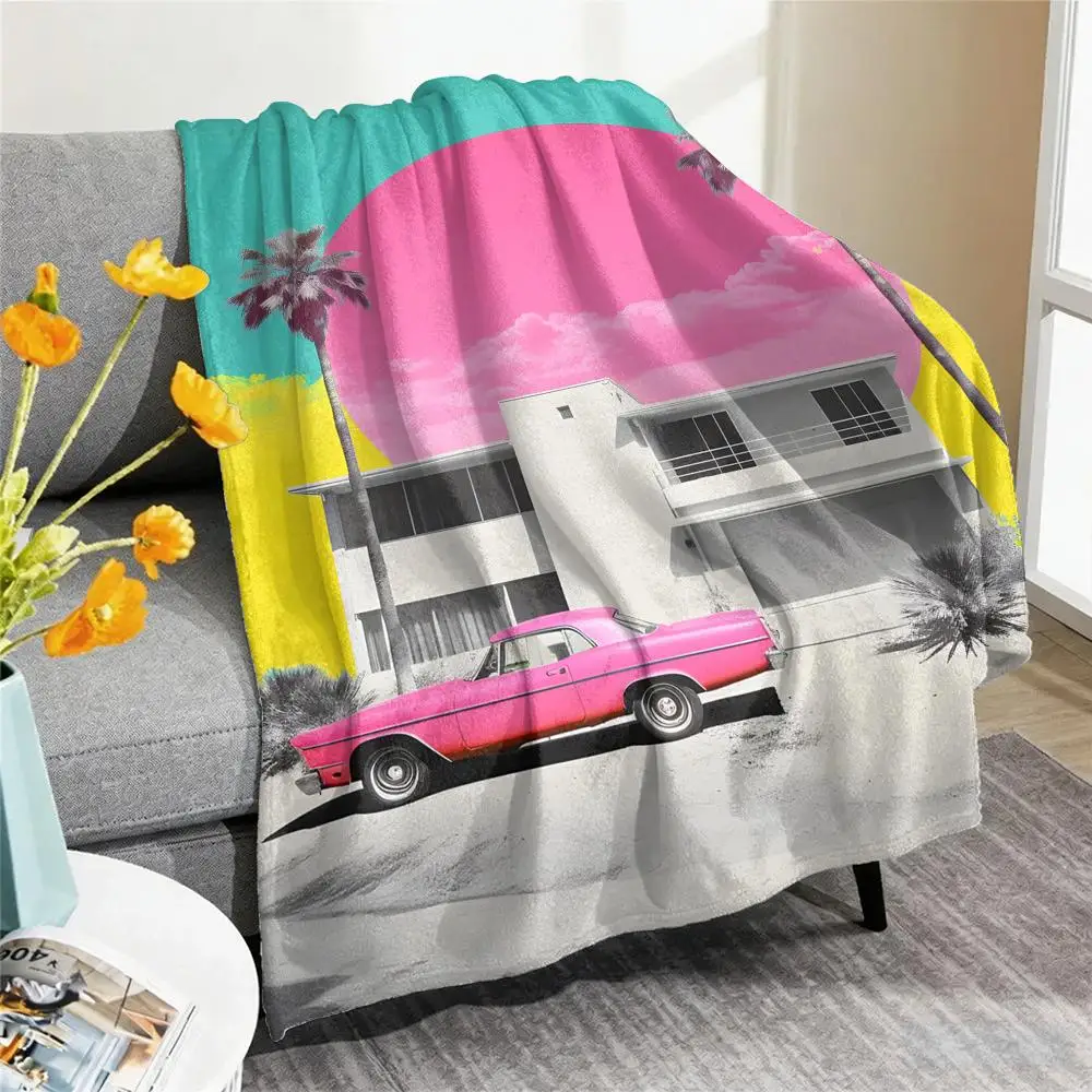 California Sunset Colorful Collage Art Throw Blanket Soft Flannel Throw Lightweight Summer Home Nap for Office Travel Sofa Bed