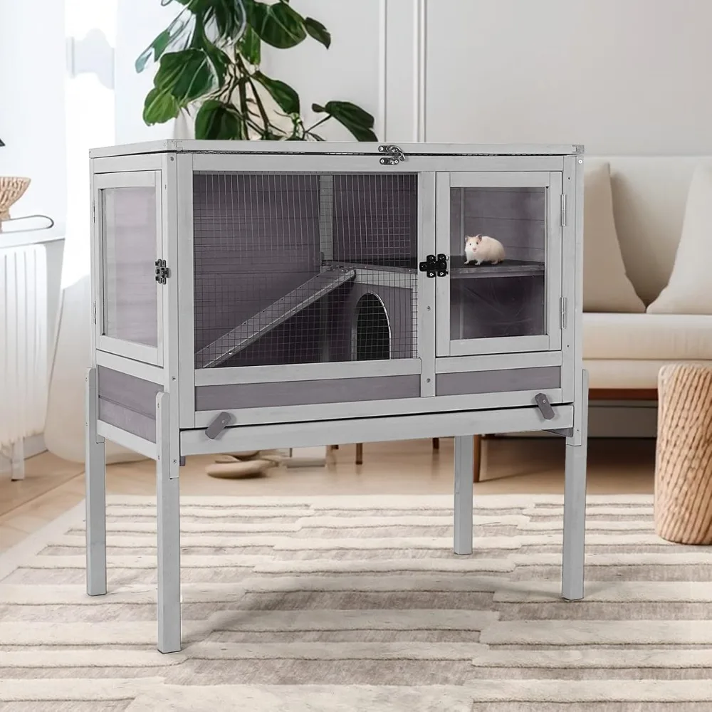 

Guinea Pig Cage with Wooden Stand,Indoor Rabbit Hutch with 2 Stories,Hamster Cage with Anti Chew Ramp,Hideout, Platform, Pull Ou