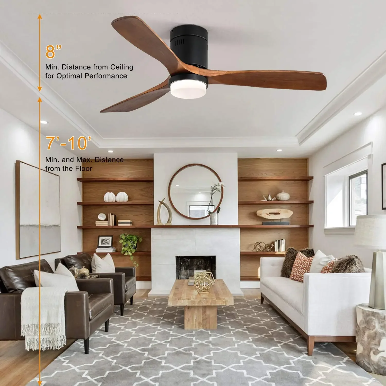 NEW Ceiling Fan with Light Low Profile Ceiling Fan with Remote Control 52'' indoor DC Ceiling Fan 3 Walnut Wood Blades Noiseless