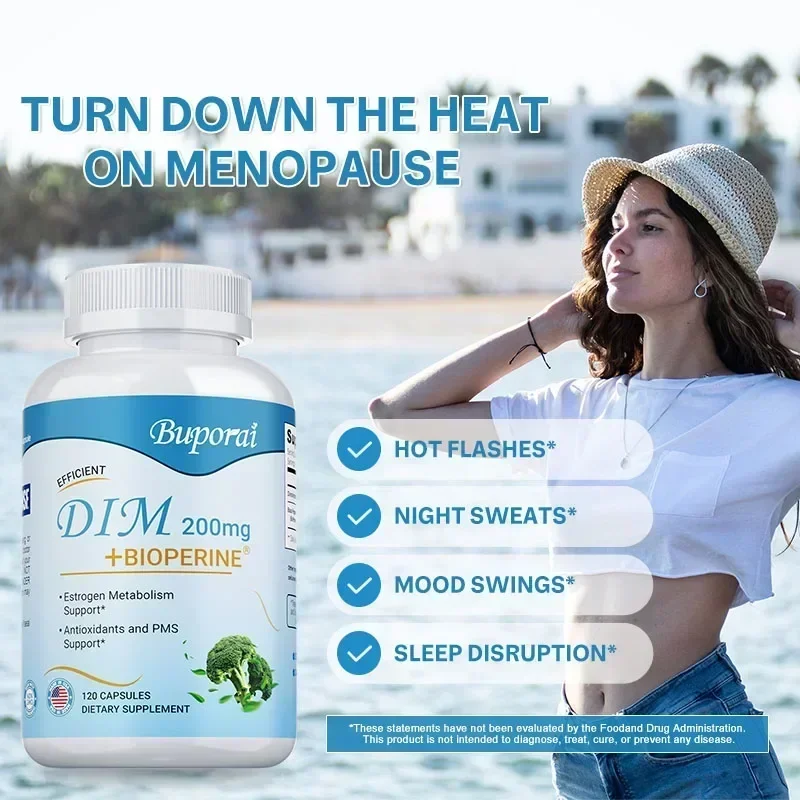 DIM + BIOPERINE - مضاد للأكسدة، يحسن لون البشرة، وتخفيف ذاكرة الطمث والساخنة، وتوازن الهرمونات، ويعزز الطاقة