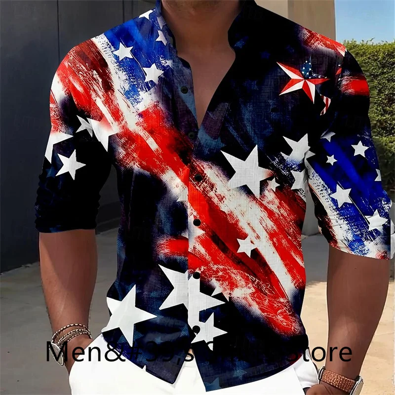 Flag Patriotic Casual Men\'s Button Shirt Long Sleeve Party Evening Daily Vacation Summer Spring Autumn Stand Collar Shirt