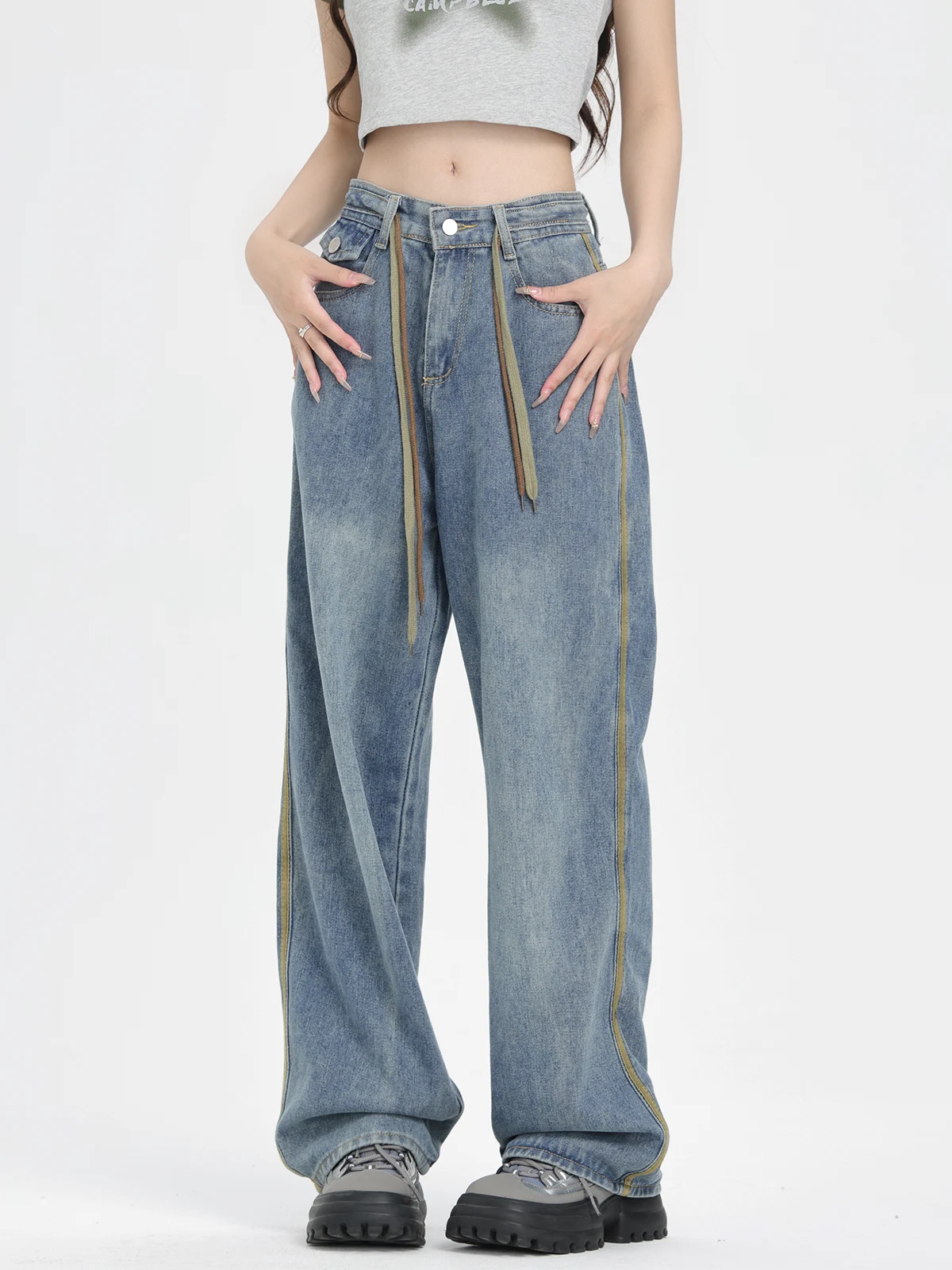 

Джинсы ENJOG в американском ретро-стиле, женские, с высокой талией, прямые, широкие, в стиле «папины» брюки, летний тренд, уличный стиль