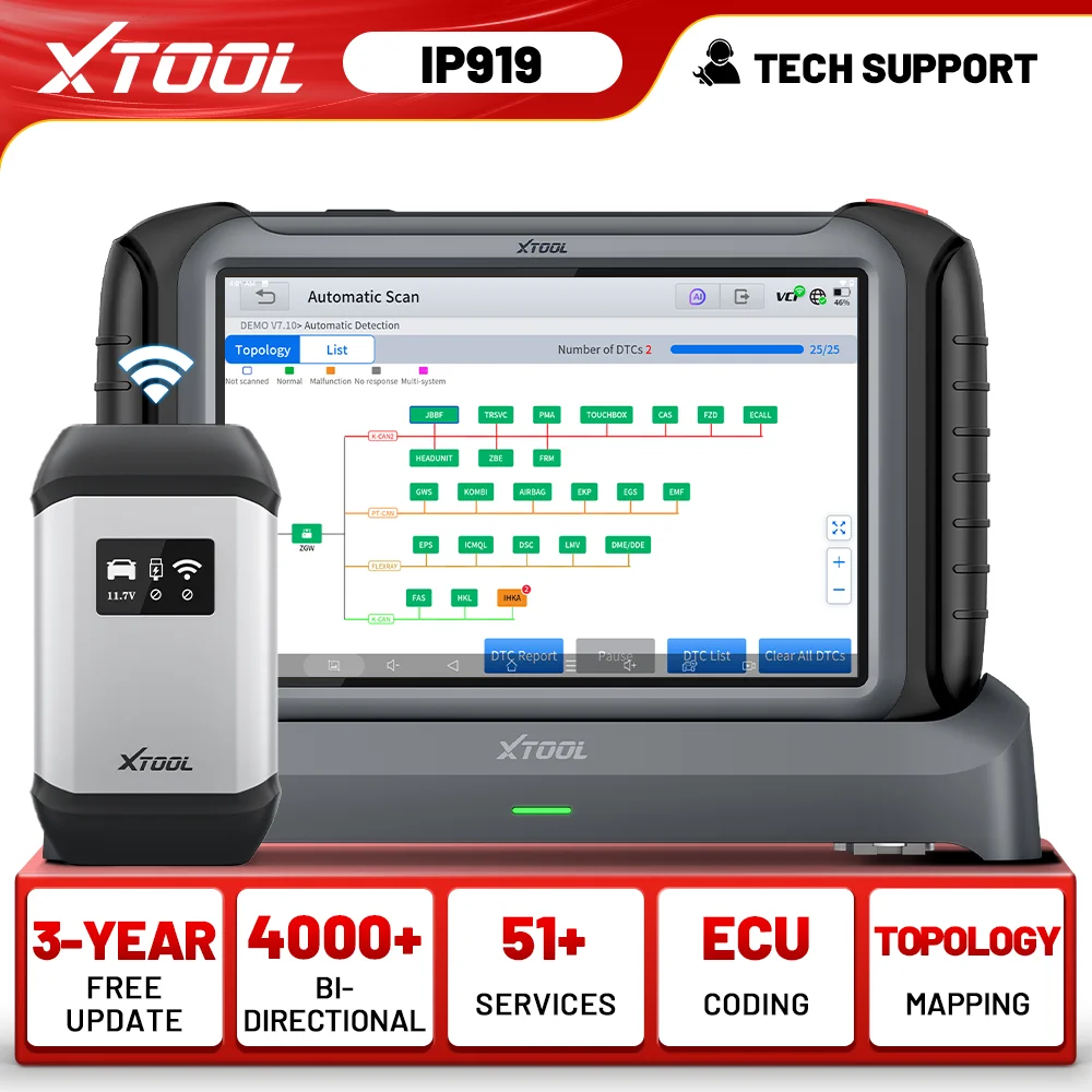 XTOOL InPlus IP919 Bluetooth Car Diagnostic Tool Topology Map Bidirectional Scanner ECU Coding Key Programming FCA CANFD DoIP