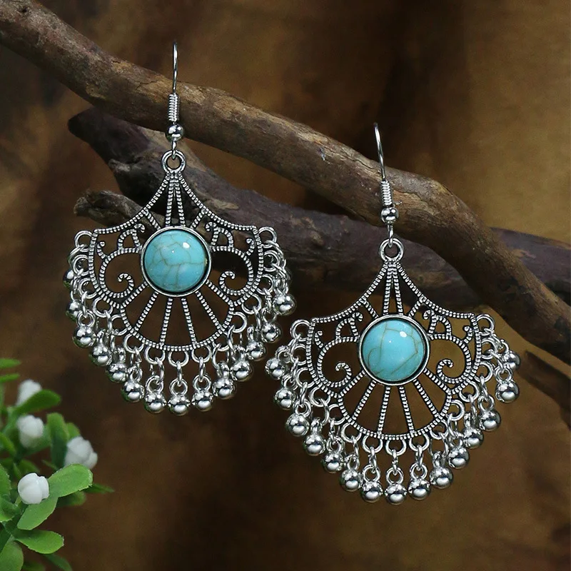 Fashion Bohemian Vintage Tibetan Silver Geometric Drop Earrings For Women Blue Stone Tassel Dangle Earrings Jewelry