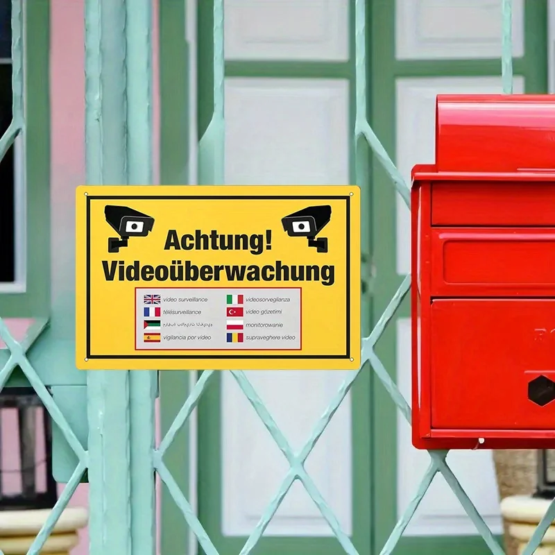 Multilingual Video Surveillance Notice metal Sign - Yellow with Black Camera Icon, , No Electricity Needed, for Holiday,Event Se