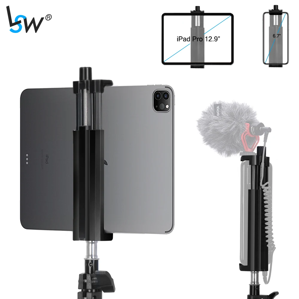 iPad Tablet Tripod Mount Adapter Mobile Phone Clip with Universal 1/4 Screw Holder Adjustable Clamp for iPad Mini Pro 12.9