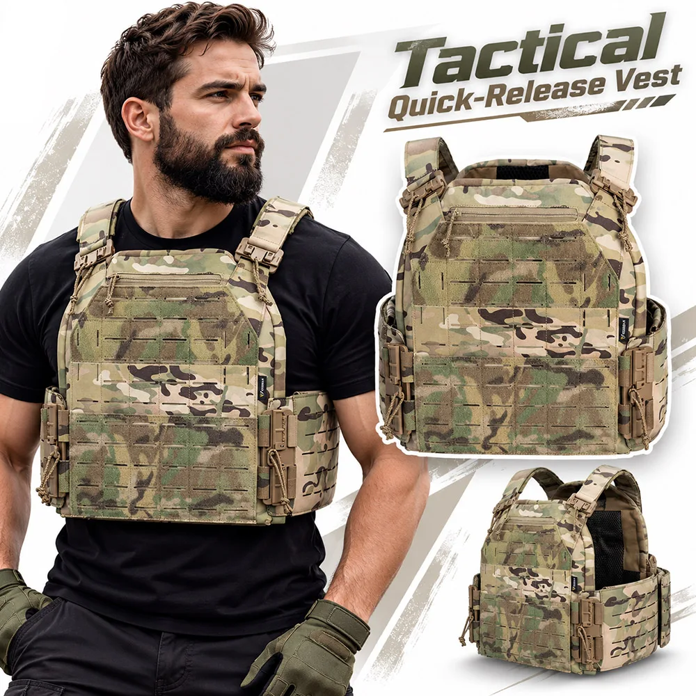 Tactical Quick Release Vest MOLLE Chest Rig with Removable Breathable Pads Double Plate Carrier for Airsoft Paintball Hunting