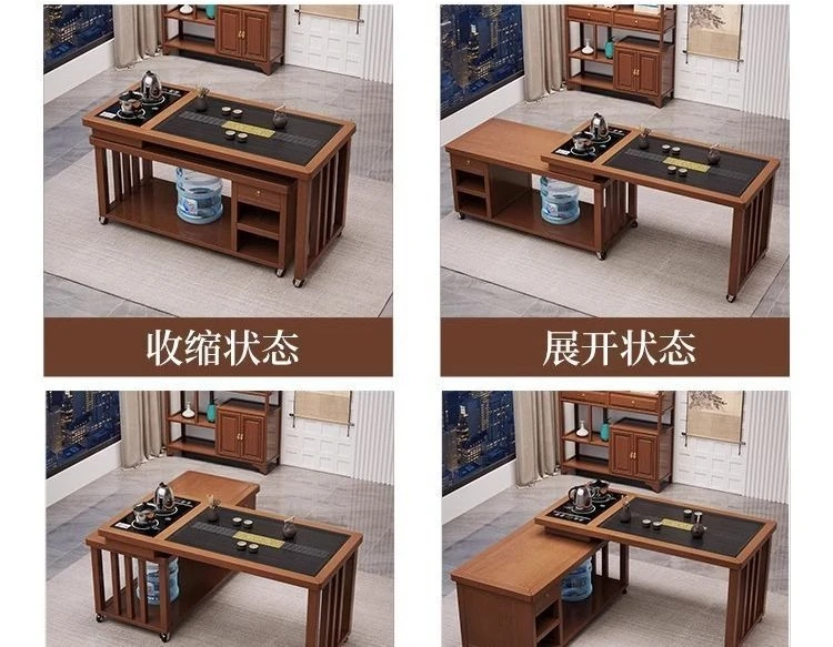 Solid wood small apartment balcony, tea table and chairs rotate and move, tea making kettle integrated small coffee table