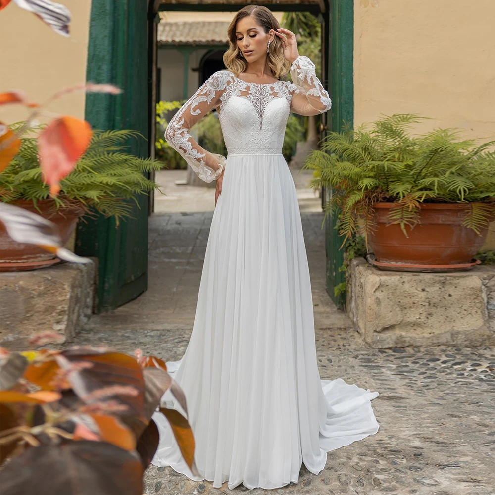 

Classic Crew Neck A-Line Chiffon Wedding Dress wth Appliqes Long Sleeves Chapel Train Zippe Back Civil Bridal Gowns Customized
