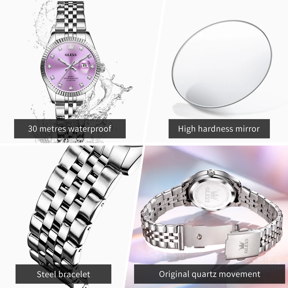 OLEVS Brand Elegant Fashion Luxury Design Women's Quartz Watch Original Stainless Steel Waterproof Calendar Watches for Women