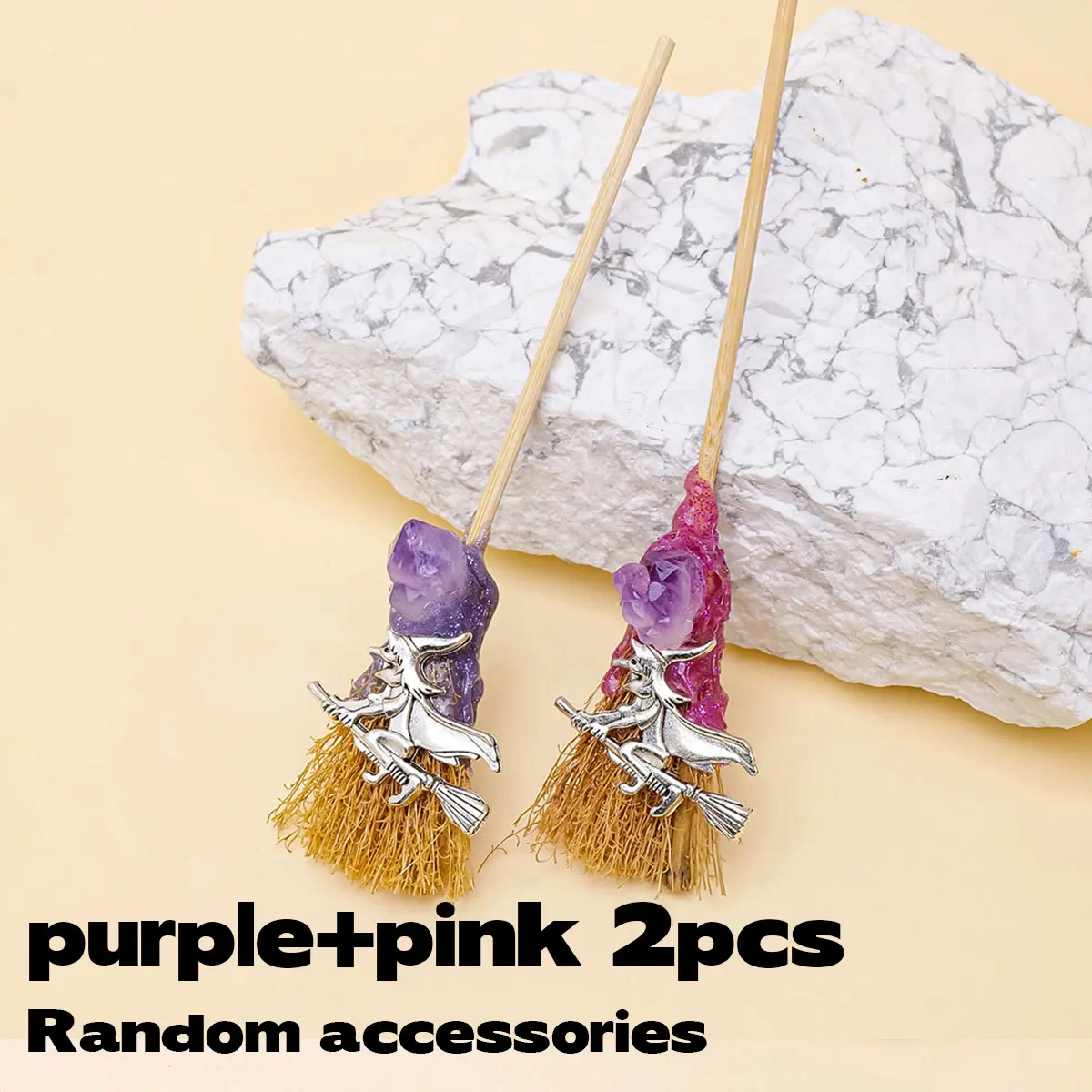 1PC natürliche Kristall Amethyst Kristall Zahn Blume Edelstein magische Mini Besen Quarz Hexe Besen Reiki Edelstein für Reinigung Heilung – Detail 7