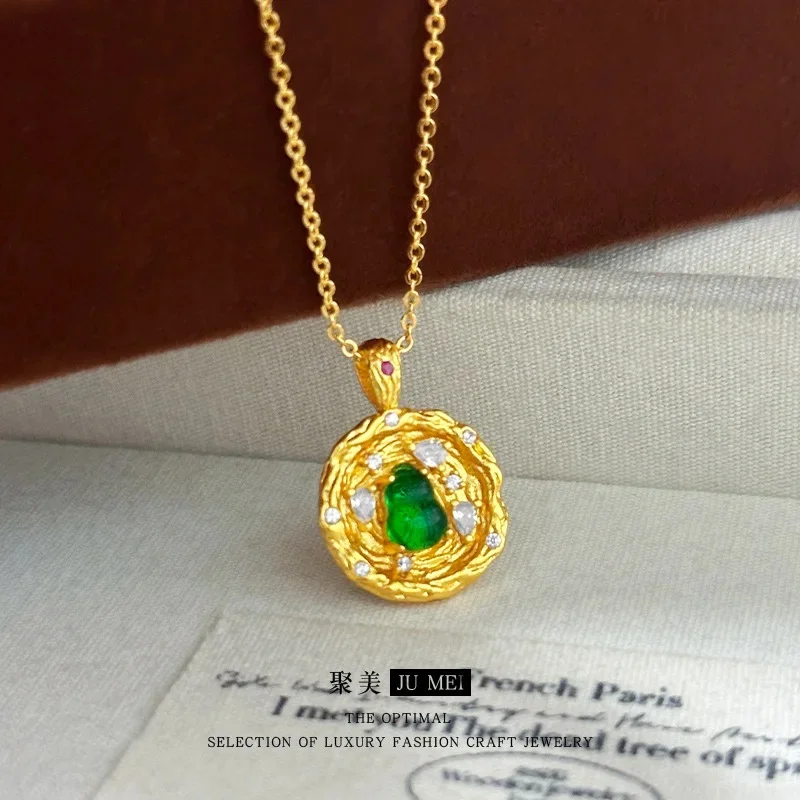 Luxury 24K 9999 Pure Gold real gold Cornucopia green stone gourd pendant necklace women