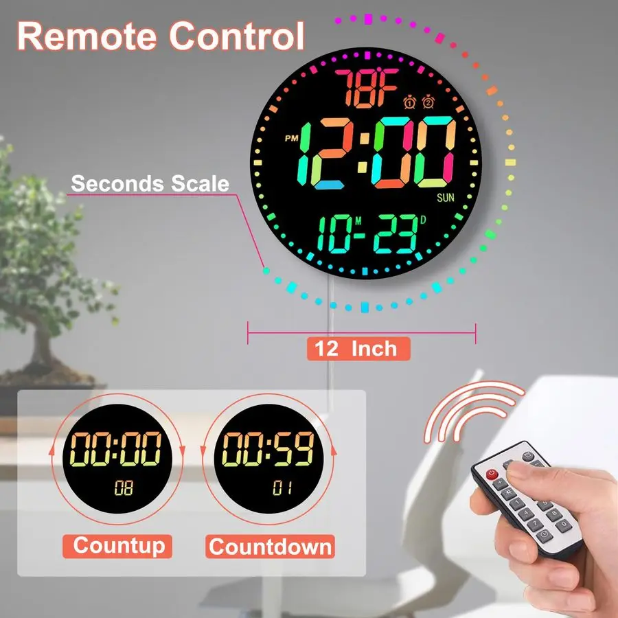 12 RGB Color Changing Digital Wall Clock with Remote Control LED Display Plugin Clock with 3 Brightness Levels amp Temperature D