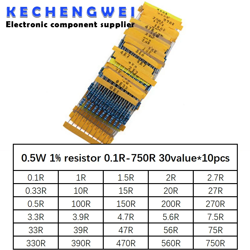 

300pcs 1~750 Ohm 1/2w Resistance 1% Metal Film Resistor Assortment Kit Set 30Kinds*10pcs=300PCS