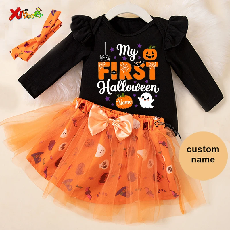 My First Halloween Baby Bodysuit Personalized Name Happy Halloween Dress Cute Costume First Halloween Outfit Shower Gift 3PCS