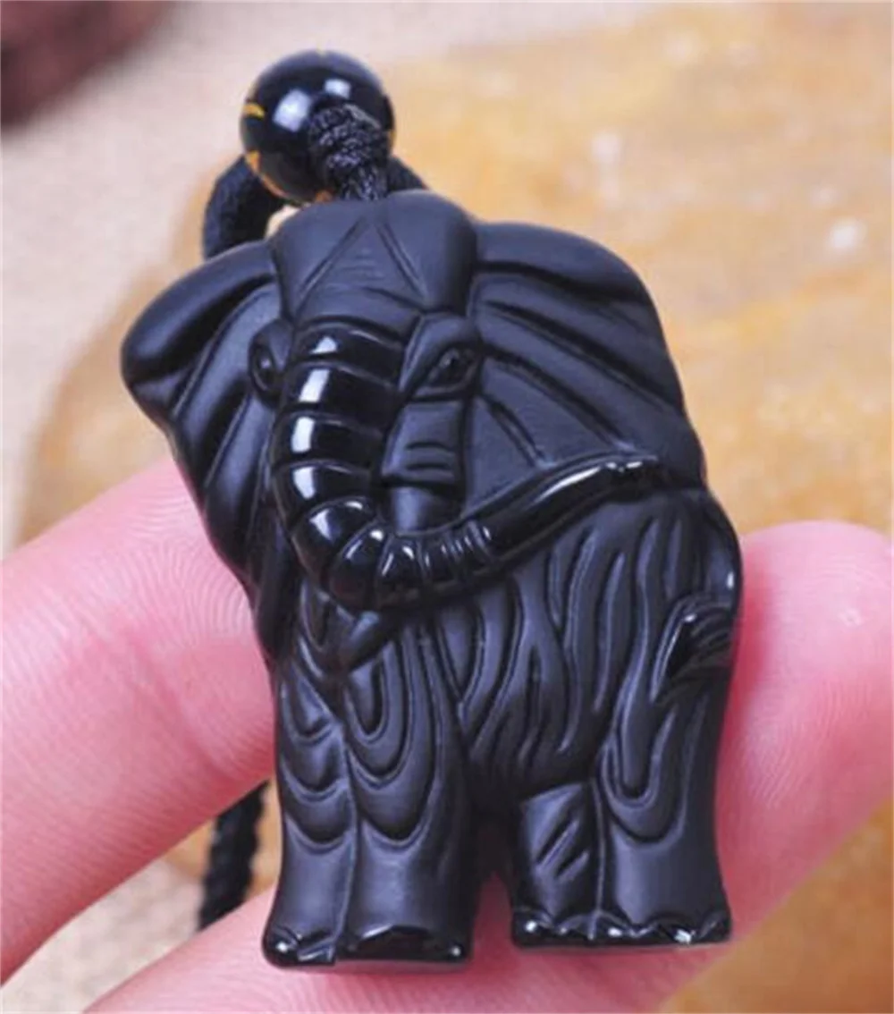 Beautiful Chinese Handwork Natural Black Obsidian Carved Cute Elephant Lucky Pendant Amulet Beads Necklace Charm Gift Jewelry