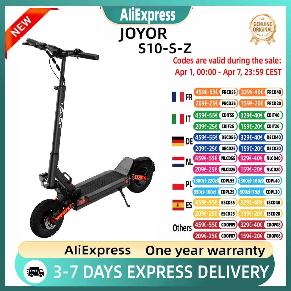 Trottinette électrique pour adultes JOYOR S10-S-Z, 1000W, double moteur, batterie 60V18Ah, pliable, avec pneus pneumatiques tout-terrain de 10 pouces