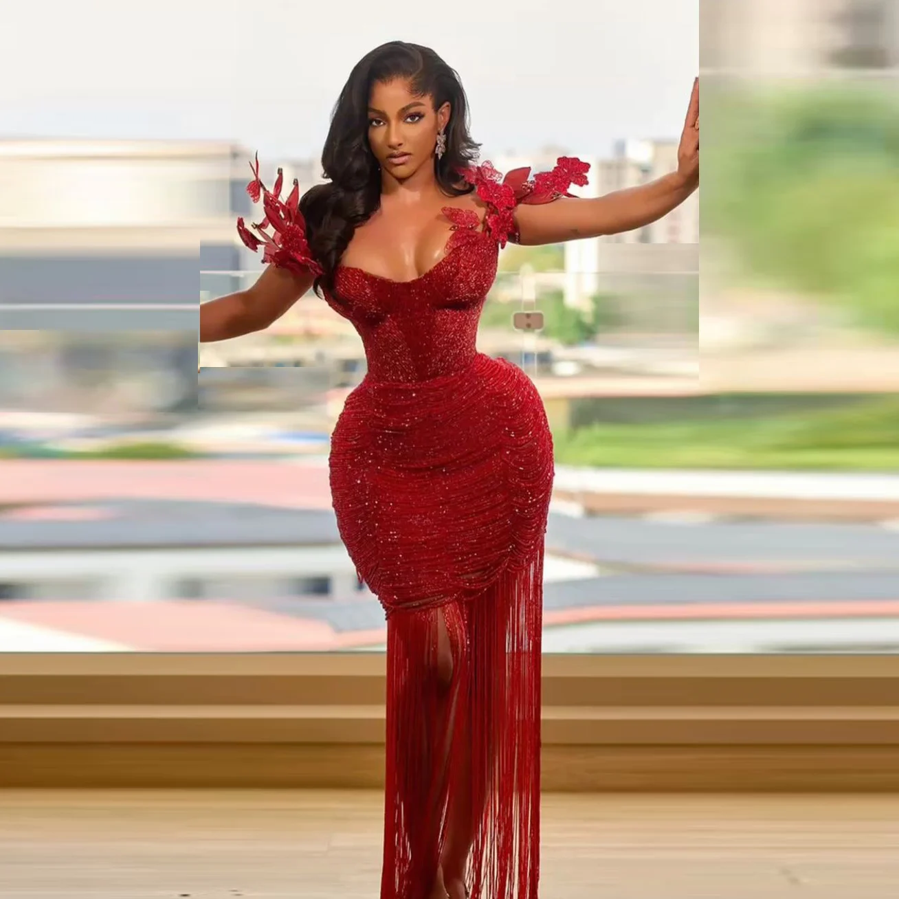 

Sparkly Red Prom Dress Aso Ebi Sequined Evening Gowns Long Tassels Women Formal Occasion Party Gown Floor Length Wear Customized