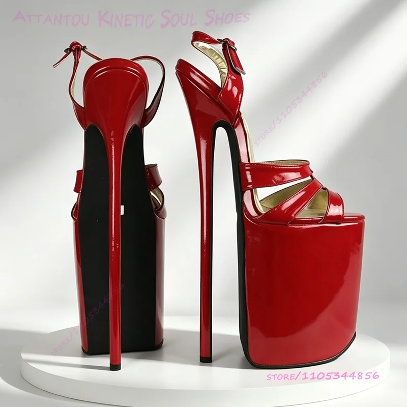 30cm High Heel Red Leather Platform Sandals Balck Sexy Women Crossed Laces Buck…