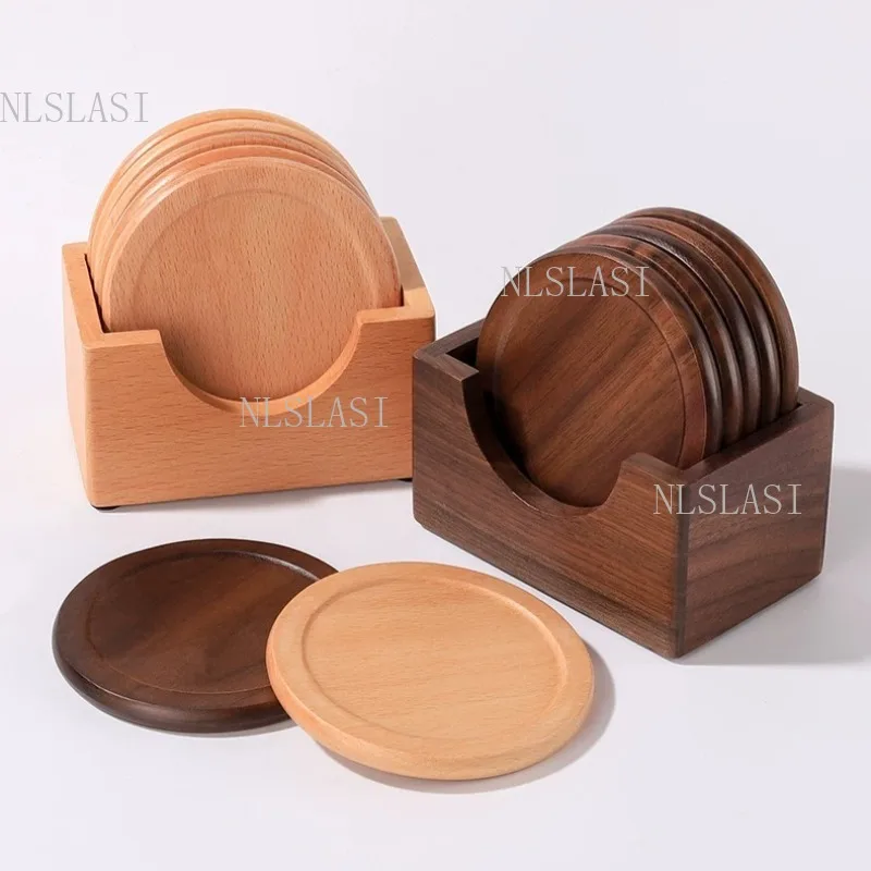 1 Set Walnut Wood Round Tea Coaster Set with Storage Holder Anti Slip Groove Design Solid Wooden Cup Mat Gongfu Tea Ceremony