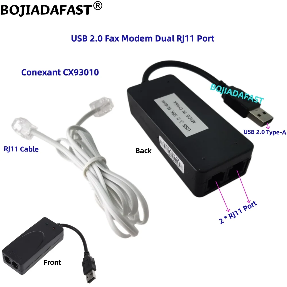 USB 2.0 Type-A Fax Modem 2 RJ11 Port Caller ID Dial Up 56K V.92 Conexant CX93010 Supports WINDOWS 11 10 7 XP Linux
