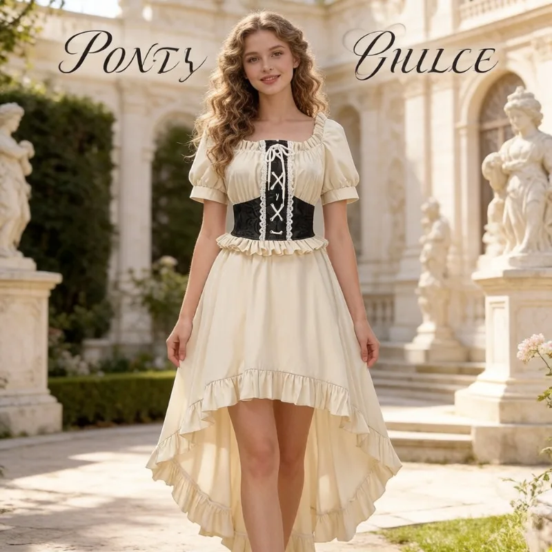 

White Women Medieval Lolita Dress Set S-2XL, Off Shoulder Ruffle Irregular Short Sleeve Gown, Fashion Outfit for Cosplay & Show