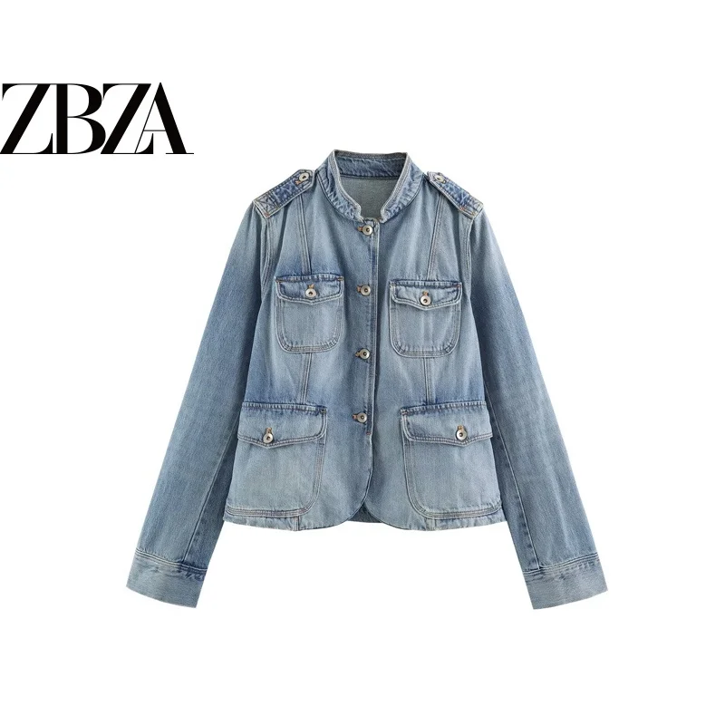 Fashionable Versatile Multi-Pocket Decorated Denim Jacket ZR Wind Women's Clothing Ballpark Jacket Polyester Fiber