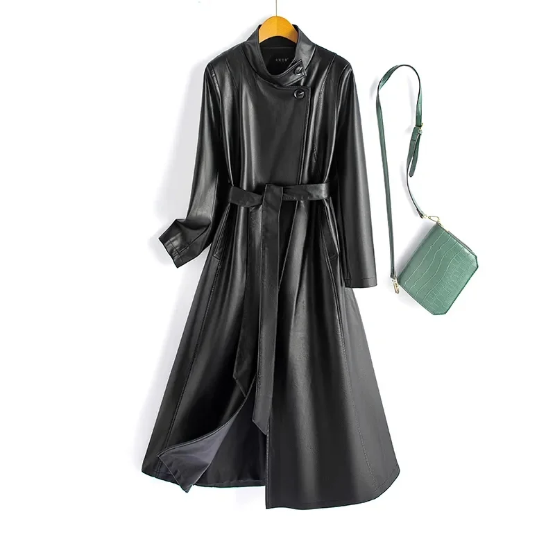 Cappotto in pelle da donna nuovo primavera autunno elegante moda colletto alla coreana manica lunga trench lungo cappotto casual in pelle crosta