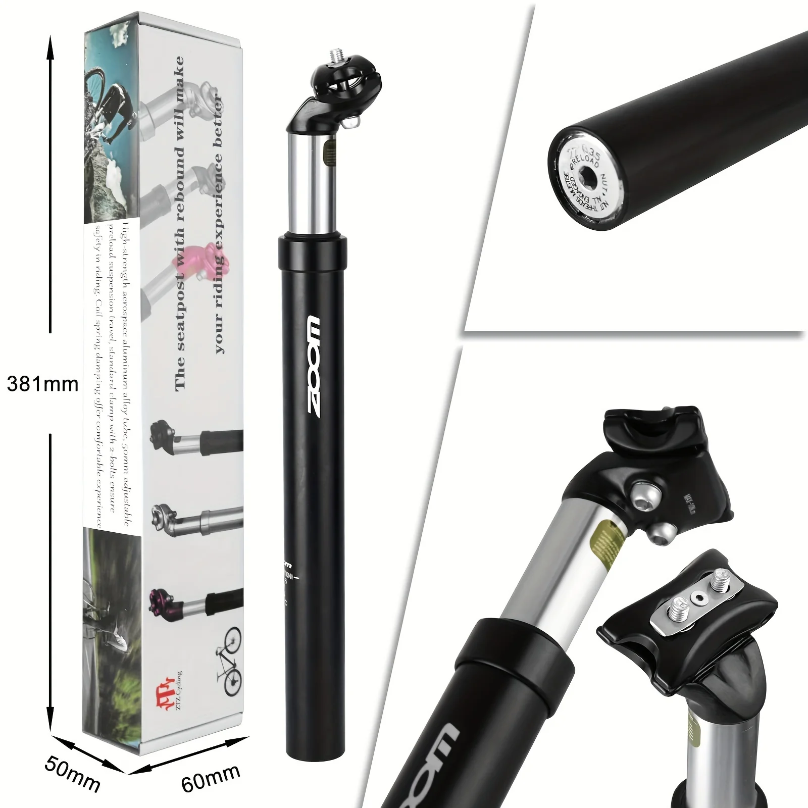 Bike Suspension Seatpost-50mm Travel, 350mm Length, Lightweight Aluminum Tube, Bike Seat Shock Absorber Post Compatible With E-