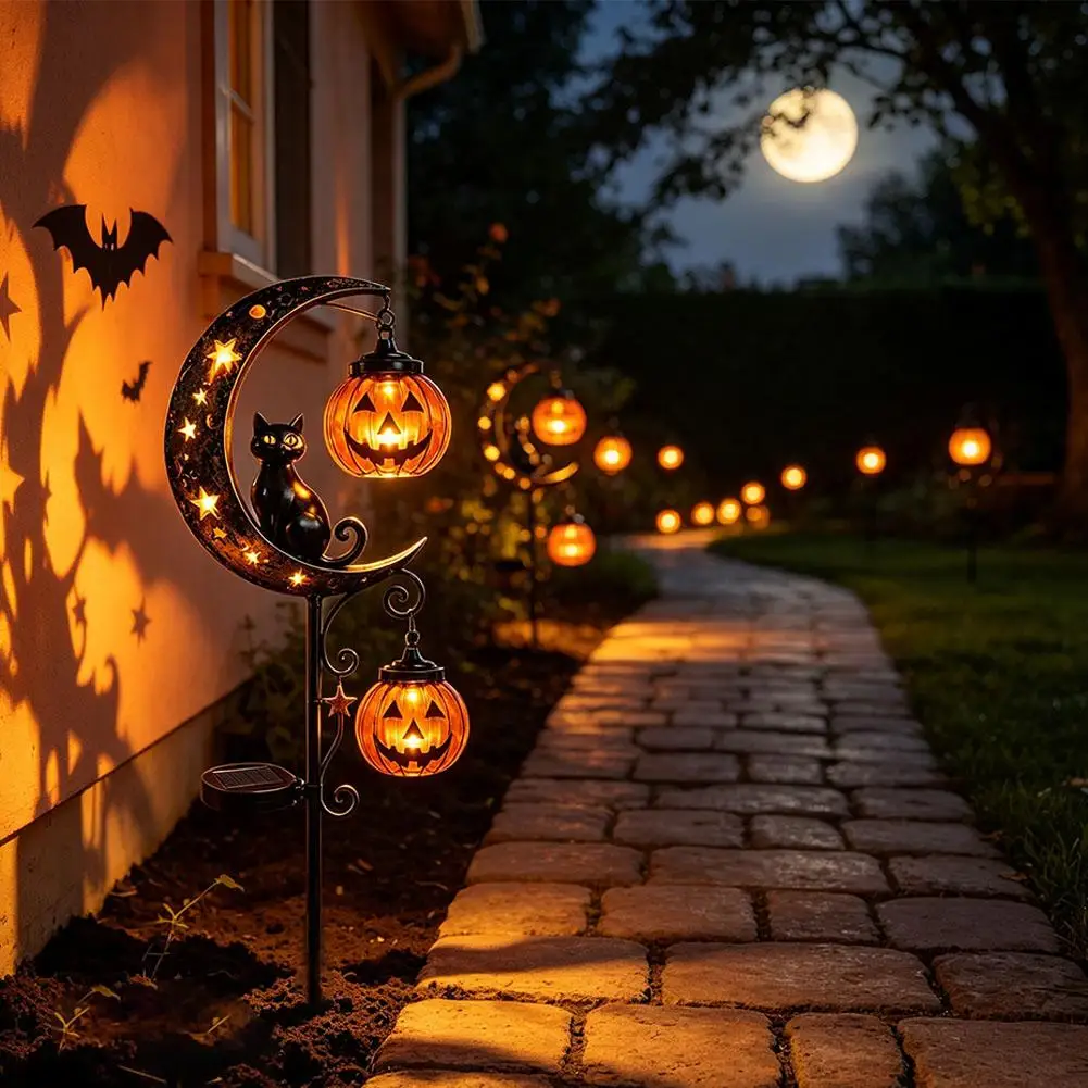 2026 Solar Powered Halloween Garden Stake Light Moon Black Cat Pumpkin Lantern LED Light For Patio Lawn Outdoor Decoration