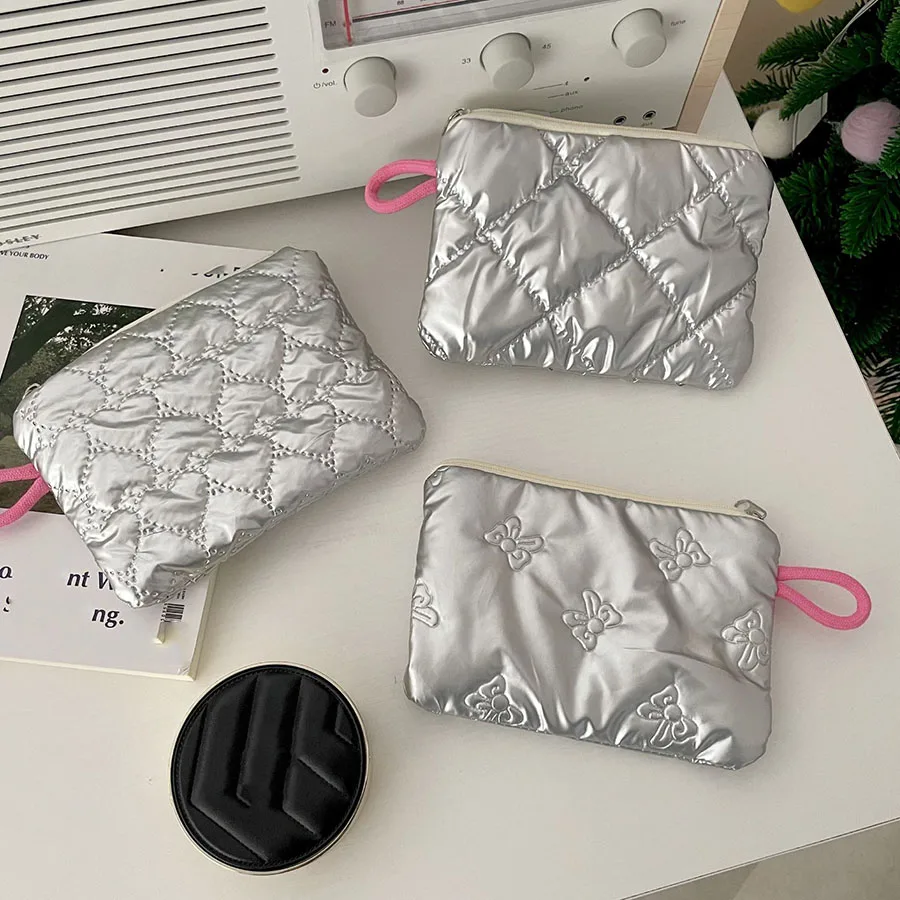 Silver Bow Pattern Coin Purse Women's Earphone Coins Keys Wallet Organizer Zipper Pouch Cosmetic Bag