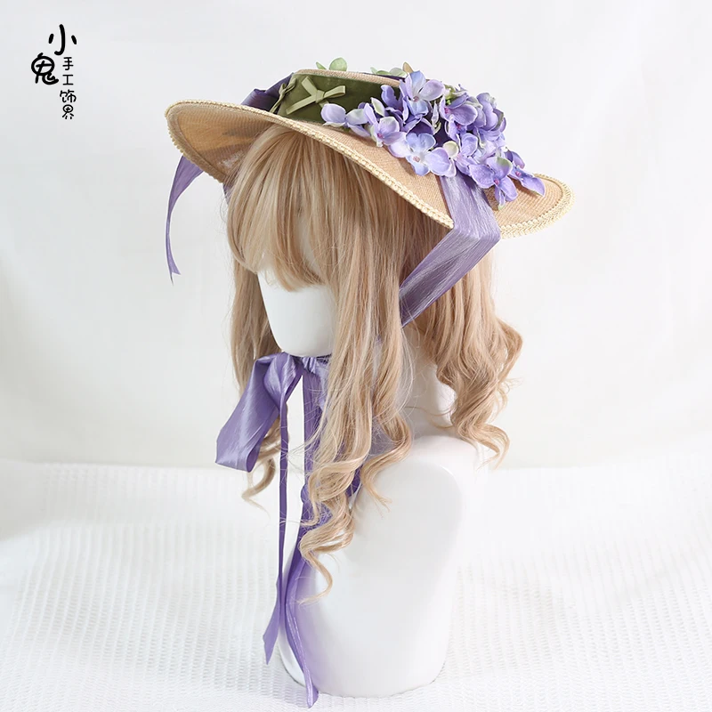 Lolita Original Oil Painting Style Luval Vineyard Pastoral Wide Brim Hat Lolita French Retro Linen Gauze Hat