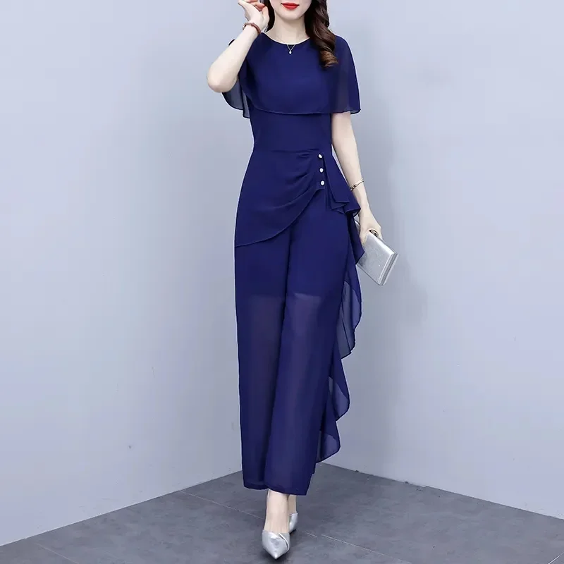 

Summer 2024 New Female Unique and Advanced Fashion Chiffon Splice Jumpsuit Set Women's Temperament Wide Leg Jumpsuit