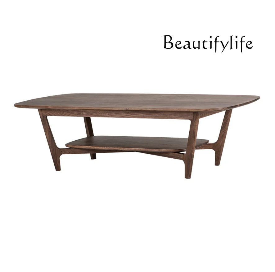 Nordic Solid Wood Coffee Table Large and Small Apartment Type Modern Minimalist Black Walnut Double Layer Tea Table