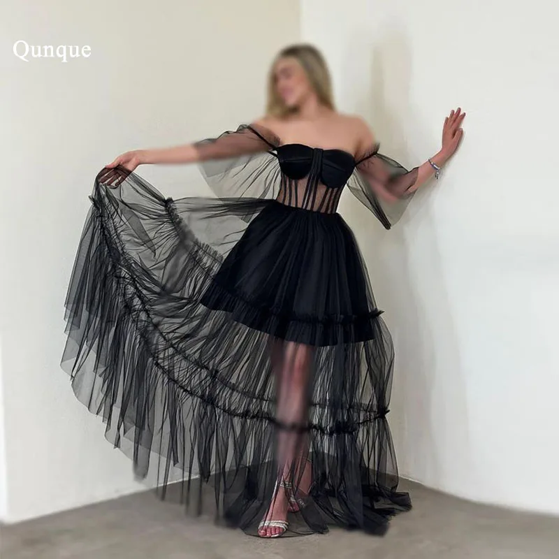 

Qunque Customized Black Evening Dress Corset Puff Half Sleeves Party Dress Floor Length Tulle Ruched Prom Dress Robes De Soirée