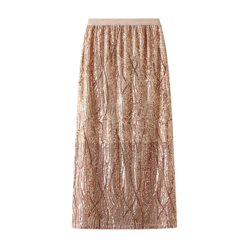 Spring Bling Bling Sequined Split Long Straight Skirts Golden Silver Black Metallic Shine Long Tube Skirt