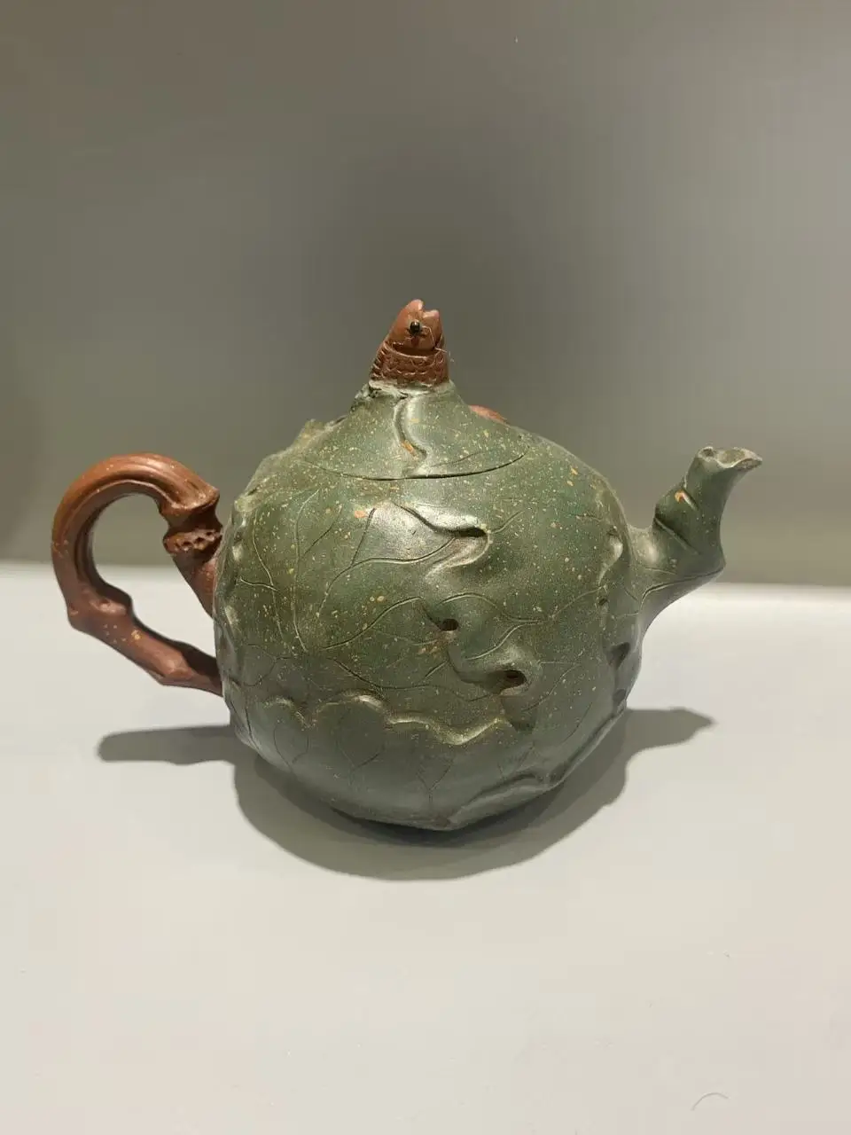 Old Chinese Handicraft Enameled YiXing Zisha (red stoneware) Teapot,louts&fish,#03, Free shipping