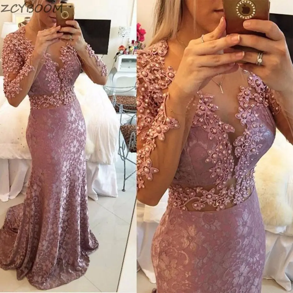 Long Sleeves Mermaid Evening Dresses 2022 Women Formal Party Night Vestido De Gala Elegant Beads Appliques Long Pink Prom Gowns