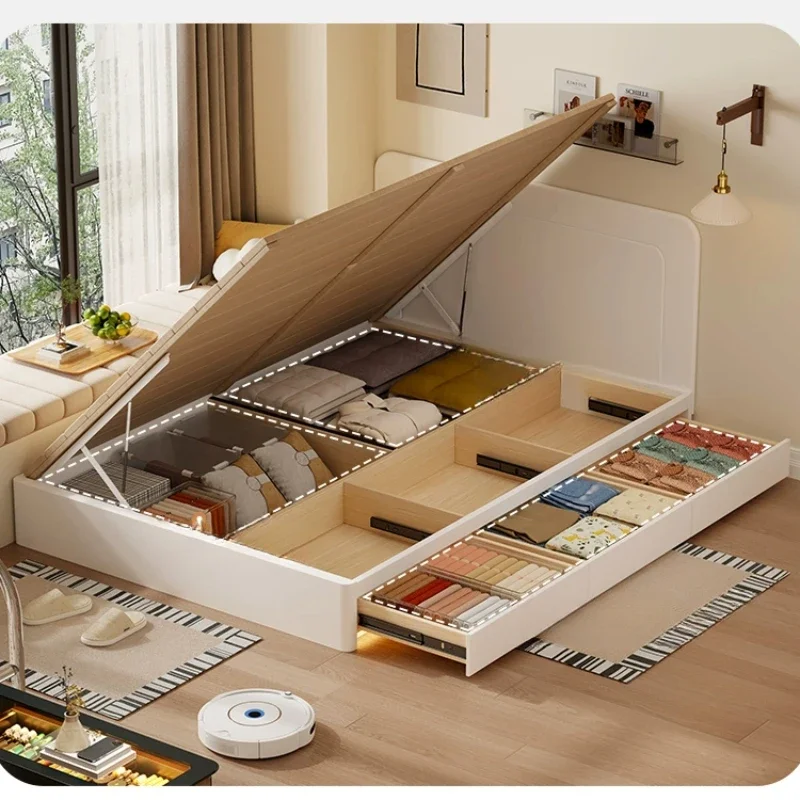 

high box storage bed, flush edge thin bedside small apartment without bedside, side open tatami, drawer box bed
