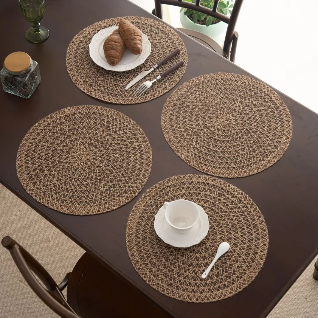 

Diameter 38cm Retro Linen Placemat Woven Grid Hollow Hemp Rope Decoration Versatile Coffee Color Heat Insulation Table Mat Round