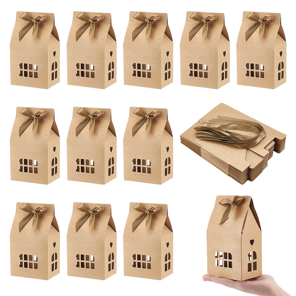 20pcs Bowknot House Shaped Paper Gift Boxes Boxes with Tan Polyester Ribbon Wedding Favor Packing Decoration Fancy Cookie Boxes