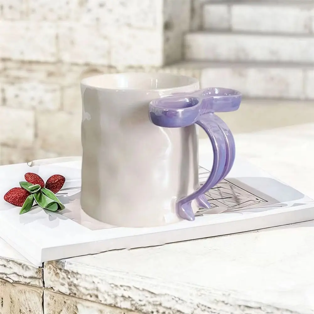 Portable Exquisite Bowknot Ceramic Mug INS Sweet Pearlescent Water Cup Simple Comfortable Grip Breakfast Cup School/Office