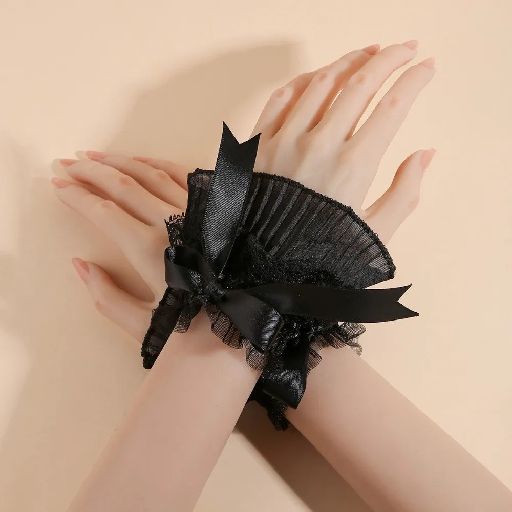 Pleated Ruched Detachable Cuffs Elastic Mesh Flower Jk Lace Fingerless Gloves Double Layer Bow Lace Wrist Cuffs Lolita Matching