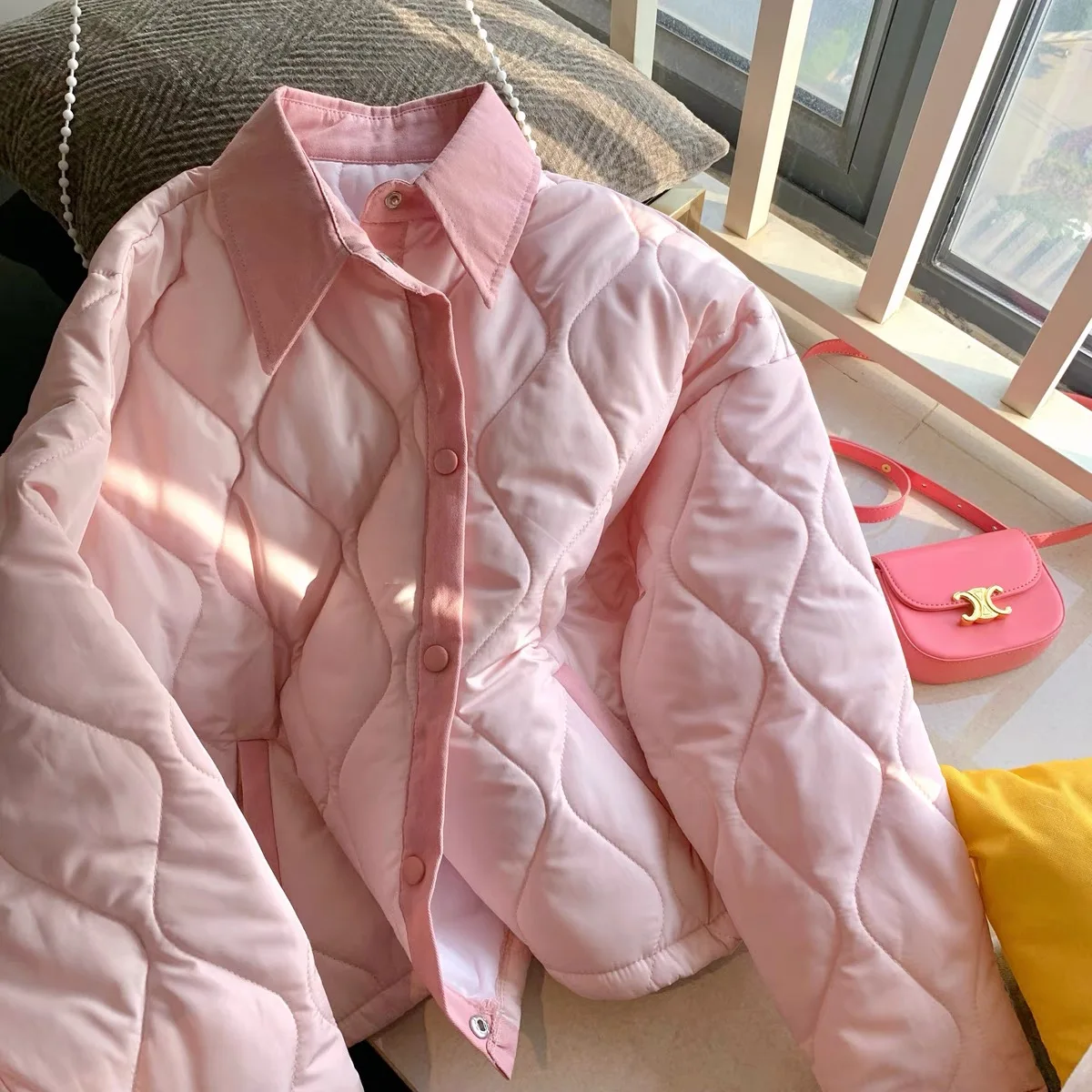 

Lightweight down Cotton Jaet Turn-down Collar Men's Women's Sweet College Sle Street Faion Winter Coat Youth ular