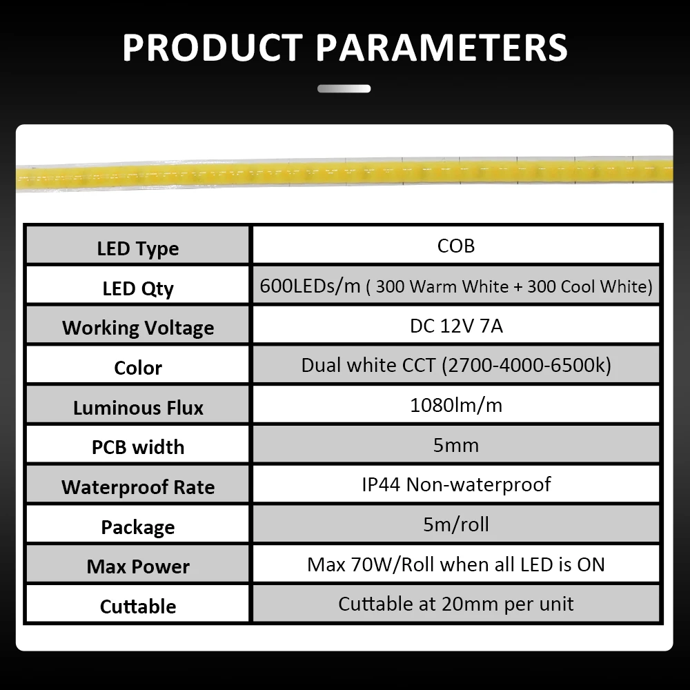 DC12V 24V COB CCT LED Strip Lights 600LEDs/m 5M Flexible Ribbon Dimmable FCOB Tape Lamp 2700K to 6500K CW WW Changeable Lighting