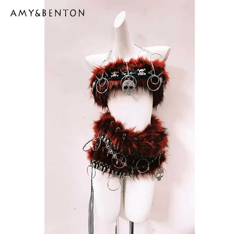 Gothic Design Punk Rock Collar Rivet Fur Women's Vest 2025 Autumn Winter New Sweet Cool Sexy Heavy Mini Short Skirt Set Ladies
