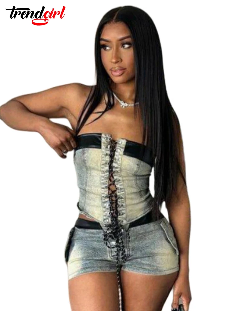 Mlaiscsr Chic Lace Up Night Club Denim Stretch Two 2 Piece Shorts Set Women‘s Strapless Tube and Short Jeans Birthday Outfits