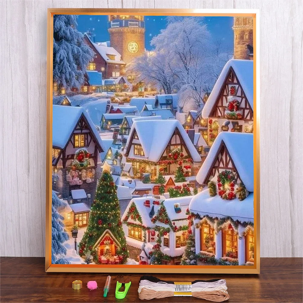 

Christmas Embroidery Kit Snow Town Scene Crafts Adults Cross Stitch Beginner Kits With Instruction Home Decor Living Room Wall