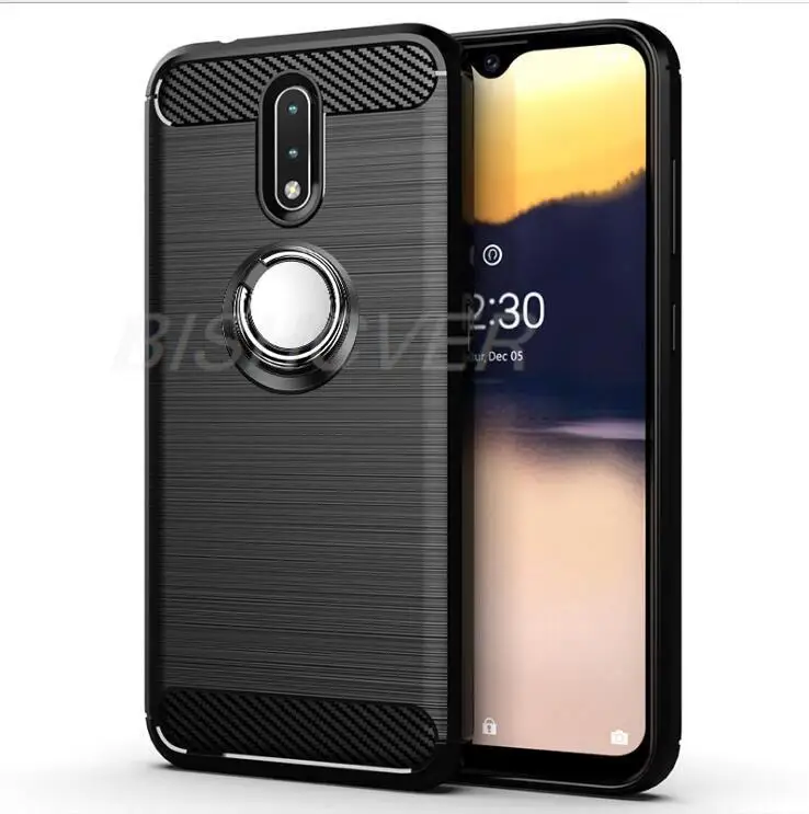 Luxury Brushed Carbon Fiber Phone Case For Nokia 2.3 TA-1211 TA-1214 TA-1206 Magnetic Ring Holder Cover Case