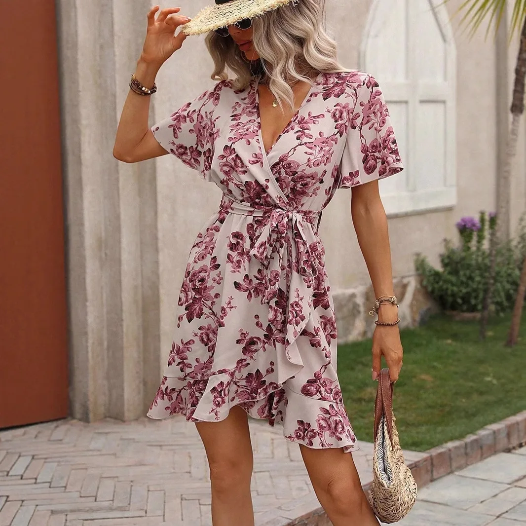 2025 Dress Women Elegant Fashion Beautiful Women's Dresses Party Night Summer New Print Dress Spotted Ruffle Wrap Lace-up Dress